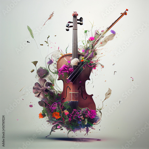 violin with flowers exploding from it generative ai