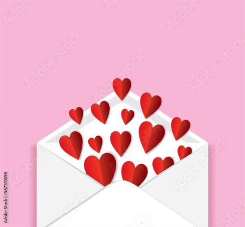 Envelope on pink background with red hearts flowing up from it. Copy space in top. Vector illustration.