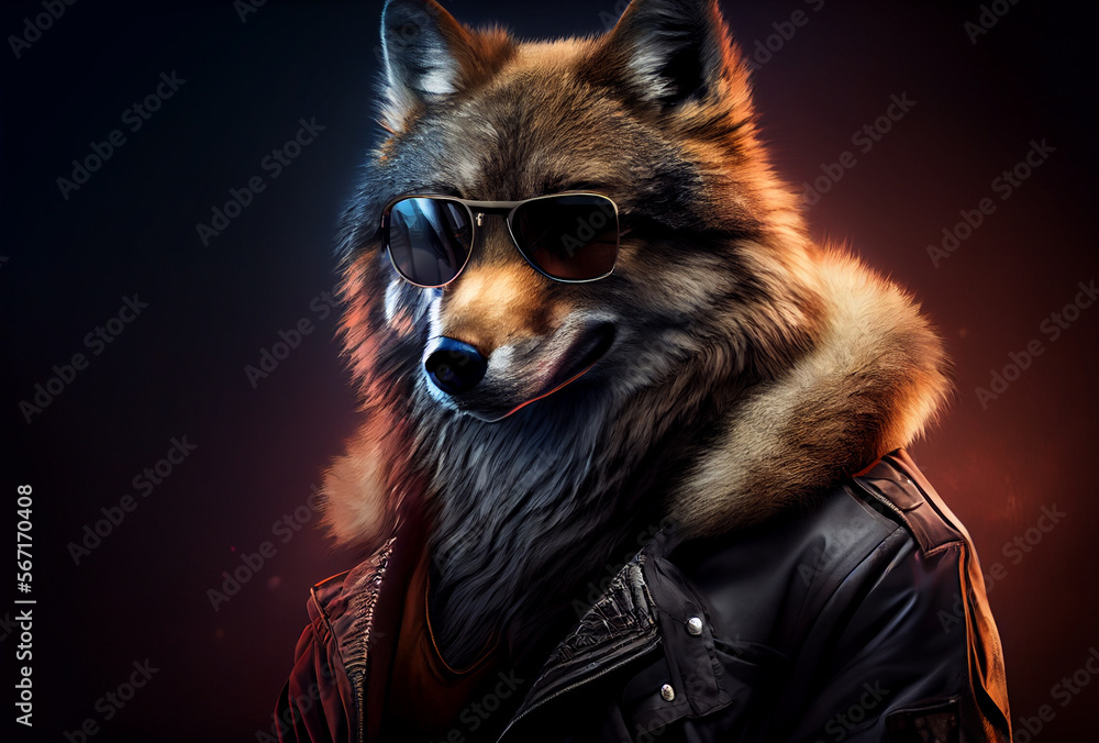 Creative wolf in a jacket and sunglasses in front studio background, AI Creative wolf in a jacket and sunglasses in front studio background, AI