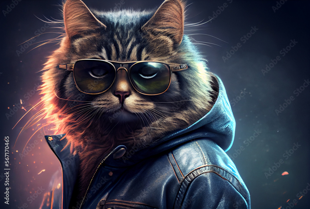 Creative cat in a jacket and sunglasses in front studio background, AI