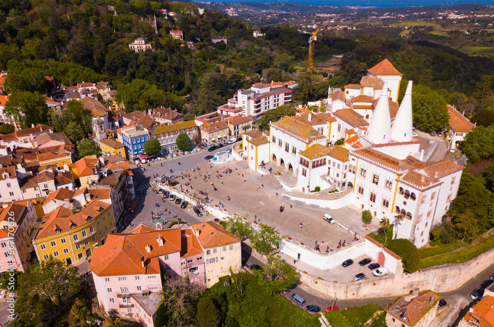 National Palace of Sintra. Panoramic view from drone. Portugal