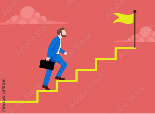 businessman climbing stairs to achieve a goal, red background, concept of success and hard work.