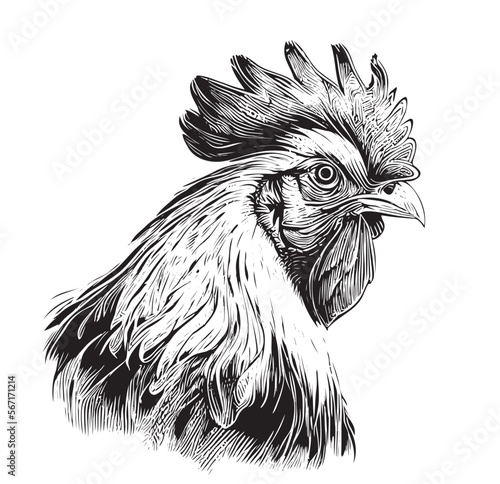 Rooster portrait sketch hand drawn engraving style Vector illustration