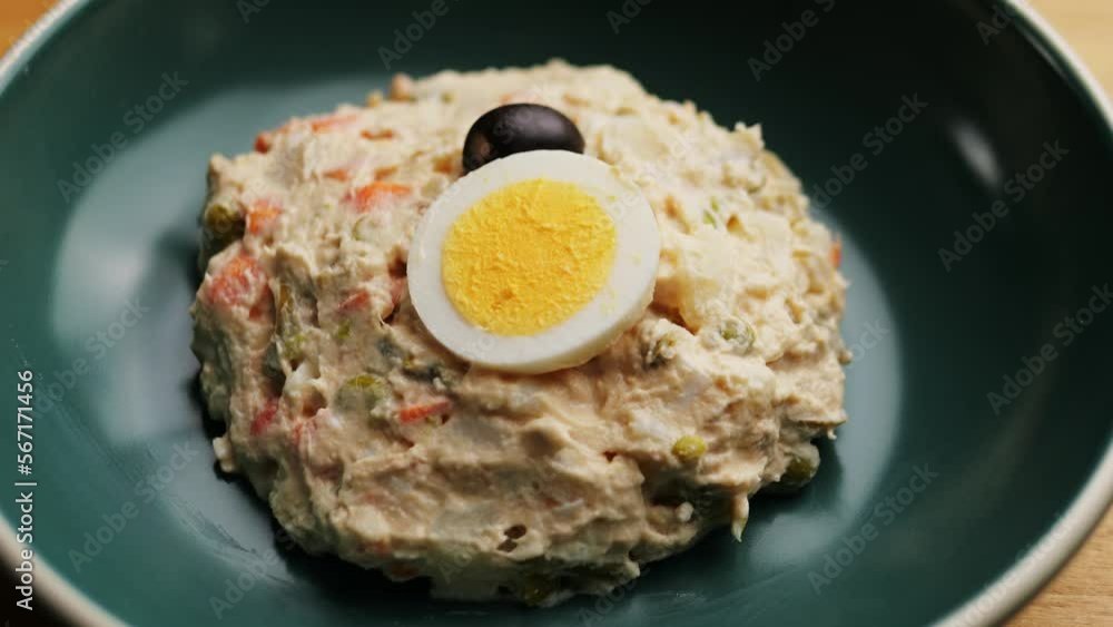Spanish style tapas Russian salad, Olivier salad, restaurant kitchen in Spain. Traditional Spanish cuisine, food. Spanish style tapas Russian salad, Olivier salad, restaurant kitchen in Spain. Traditional Spanish cuisine, food.