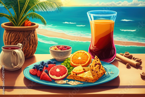 Luxury breakfast food fresh juice on wooden table, with beautiful tropical resort and sea view background, morning time summer holiday and romantic vacation concept, luxury travel and lifestyle mood