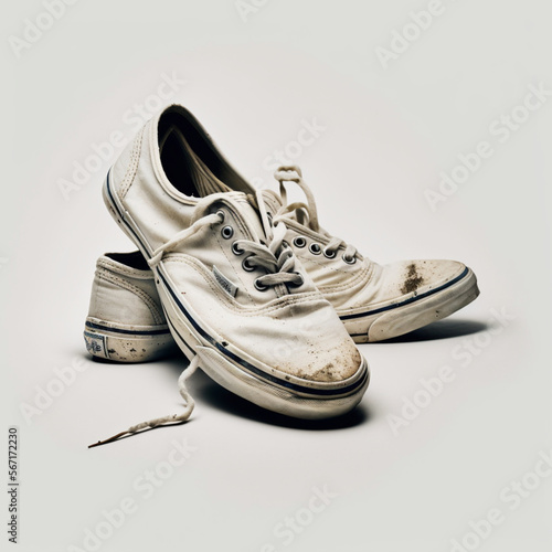 a pair of worn and dirty white canvas sneakers, teenager's shoes on a white background, generated by IA 