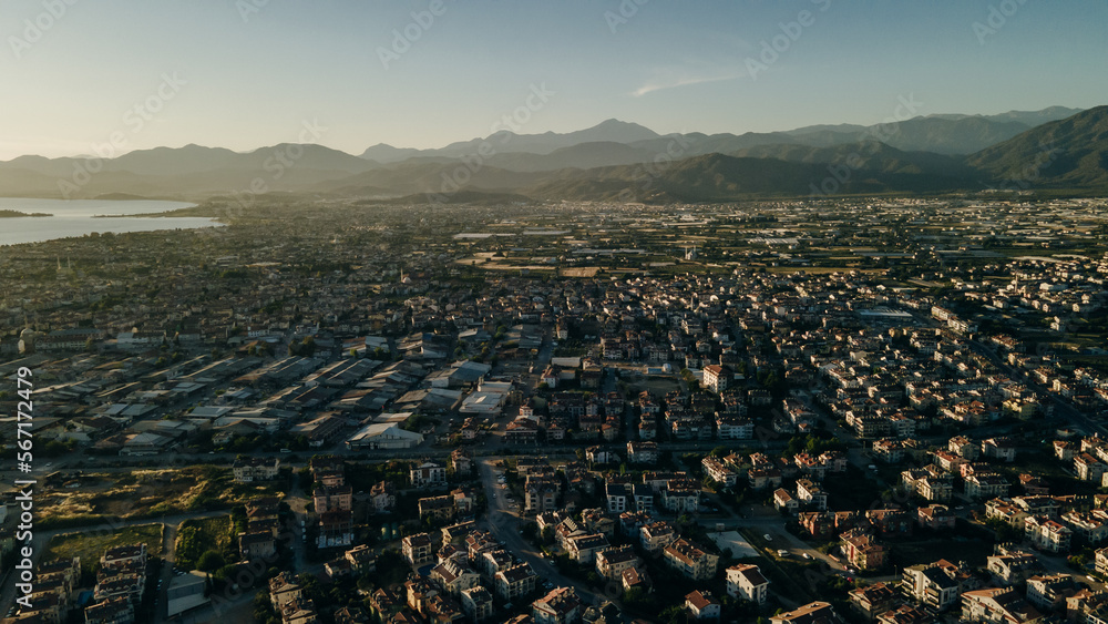 Fethiye landscape and cityscape, aerial view of Fethiye and the Bay of the Mediterranean sea, Turkey.