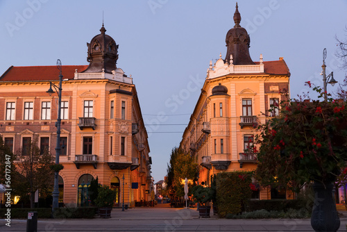 Impressive architecture of Debrecen streets at sunset, Hungary