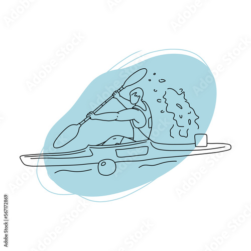 Canoe sport logo. Kayak sprint athlete paddling on racing kayak. Vector line art.