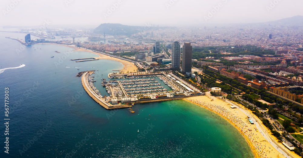 Panoramic view from the drone of coastline and beach of Barcelona. Spain