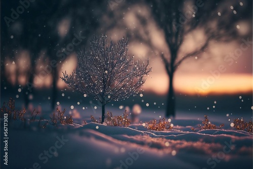 Paisaje de invierno en el campo con nieve, árboles, flores, plantas y atardecer con luces bokeh, creado con IA generativa © Moon Project