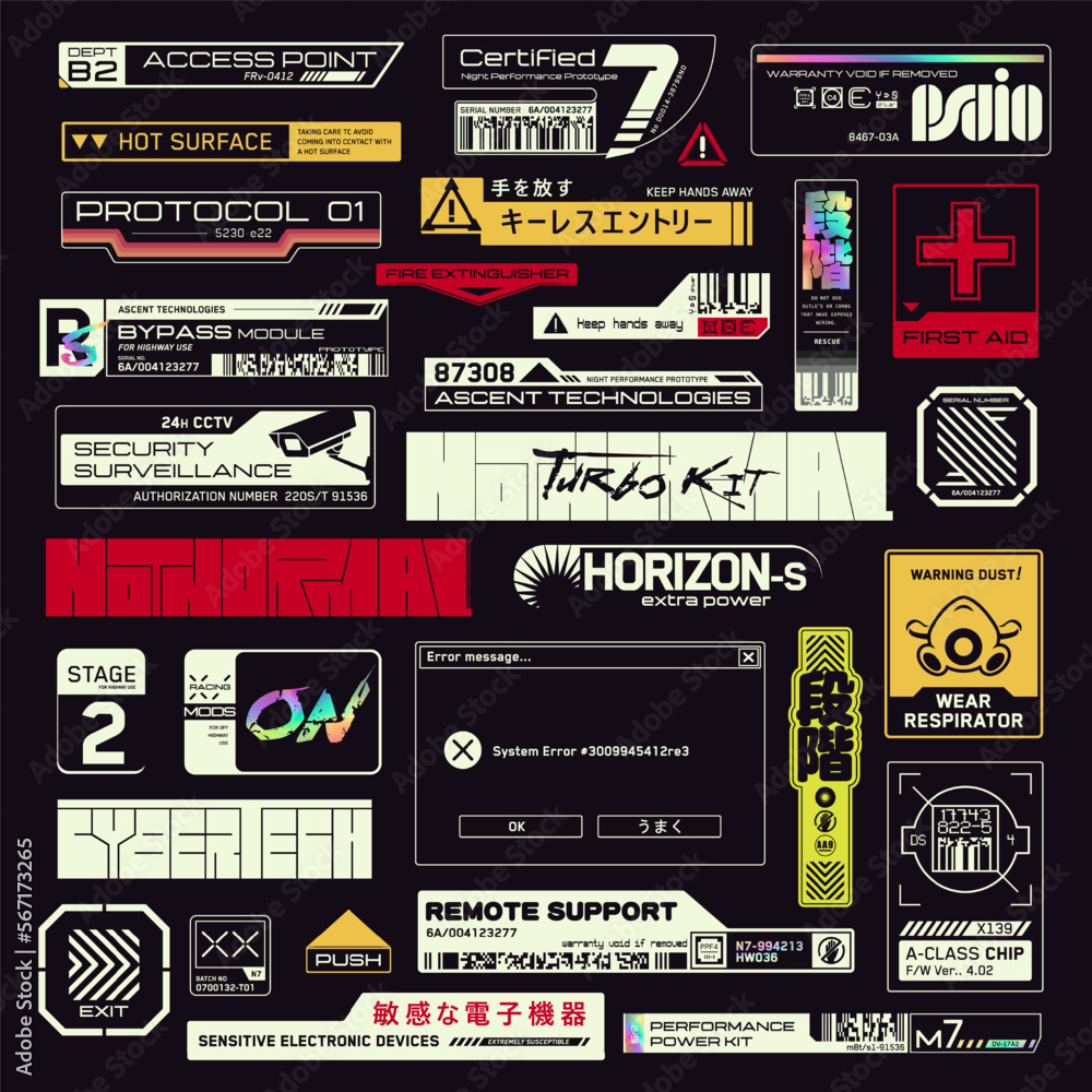 Vetor de Cyberpunk decals set. Set of vector stickers and labels in