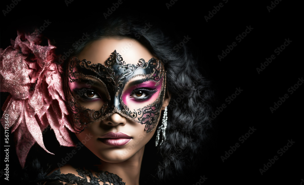 Beautiful dark model woman wearing a pink venetian masquerade mask with  black background makes eye contact. Cosplay, Venetian mask. Mardi Gras Mask,  AI generative Stock Illustration