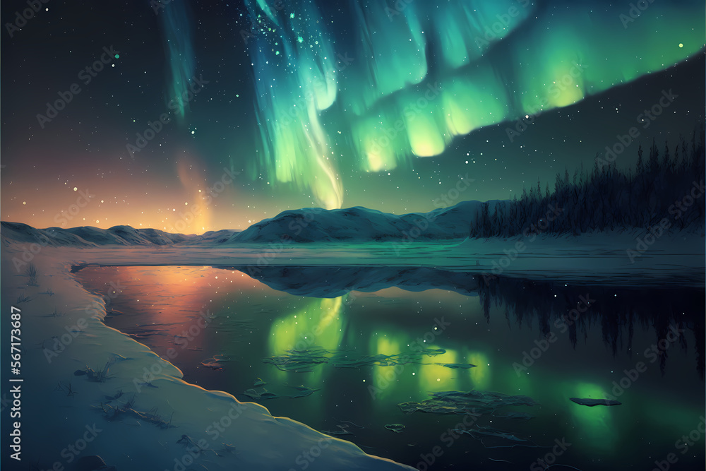 Northern Lights, aurora borealis, polar lights, brillian lights. Wallpaper, background. Generative AI.