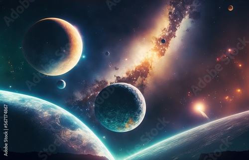 Illustration of a few planets in a galaxy sky. AI generated art. 