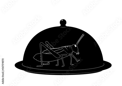 Servierglocke - Glosche mit Heuschrecke Silhouette,
Vektor illustration isoliert auf weißem Hintergrund
