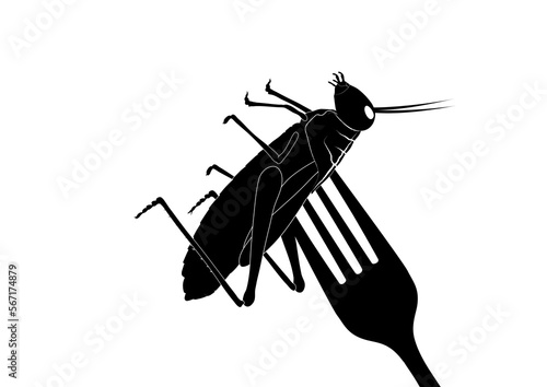 Heuschrecke Silhouette mit Besteck Gabel,
Vektor illustration isoliert auf weißem Hintergrund
