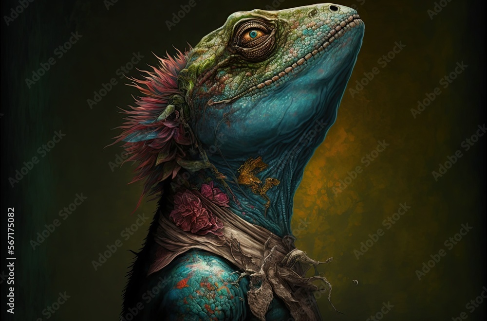An illustration of a lizard wearing a suit. AI generated art. 