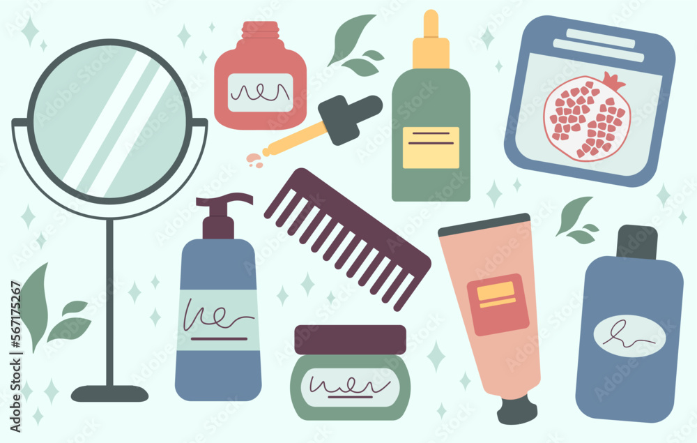 Big Collection Of Beauty Products For Daily Skin Routine Vector Illustration In Flat Style Big Collection Of Beauty Products For Daily Skin Routine Vector Illustration In Flat Style