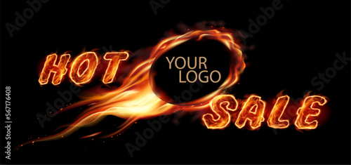 Transparent realistic round  fire flame frame with burning text. Hot sale fire  text for your business banners