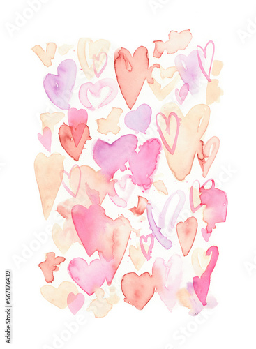 Fototapeta Naklejka Na Ścianę i Meble -  Watercolor Post Card with colorful hearts. Red, pink, beige, mothers day background. Hand-painted romantic texture for packaging, wedding, birthday, Valentine's Day, mother's day