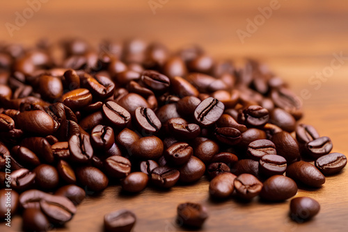 freshly picked coffee beans scattered on a wooden table, artificial intelligence