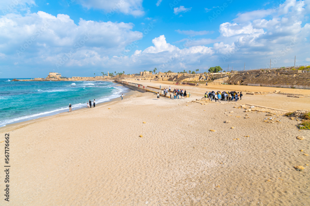 The ancient archaeological Caesarea National Park and and historic port on the Mediterranean coast of Caesarea, Israel.