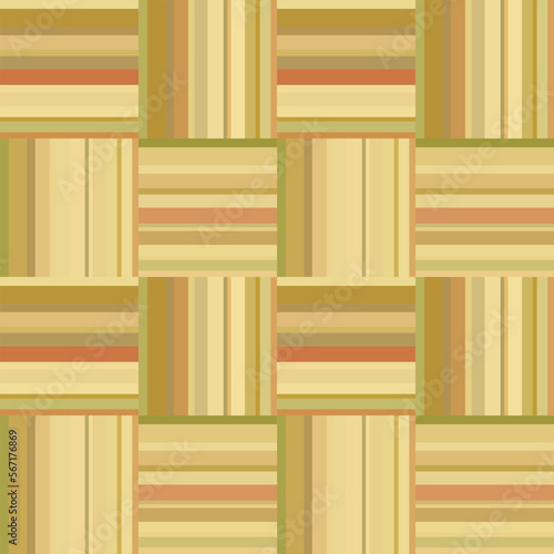 Weaved wicker seamless pattern. Striped, checkered abstract geometric ornament. Basket, parquet, wooden, rotang texture. Beige, khaki, brown, yellow, green colors