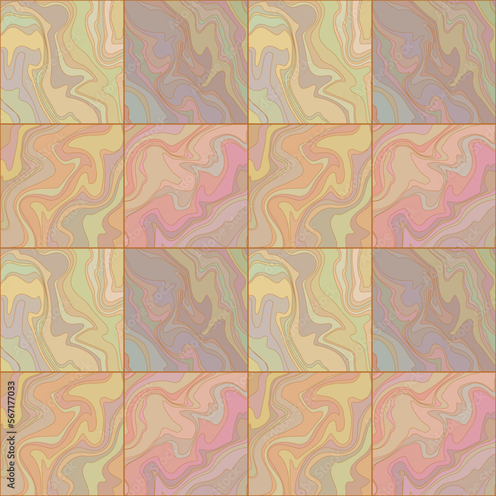 Abstract geometric seamless pattern. Liquid fluid texture of beige, pink, orange, yellow, gray colors. Mosaic of square textured tiles
