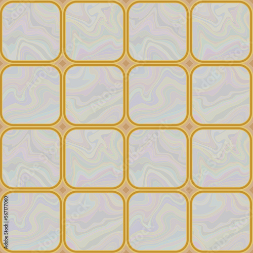 Stone parquet floor. Gold and gray abstract geometric seamless pattern. Square tiles with wavy fluid liquid texture. 