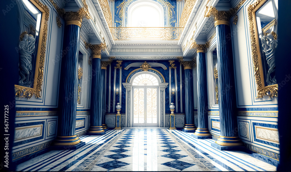 A realistic fantasy interior of the royal palace. golden blue palace. castle interior. Fiction Backdrop. concept art.	generative ai	