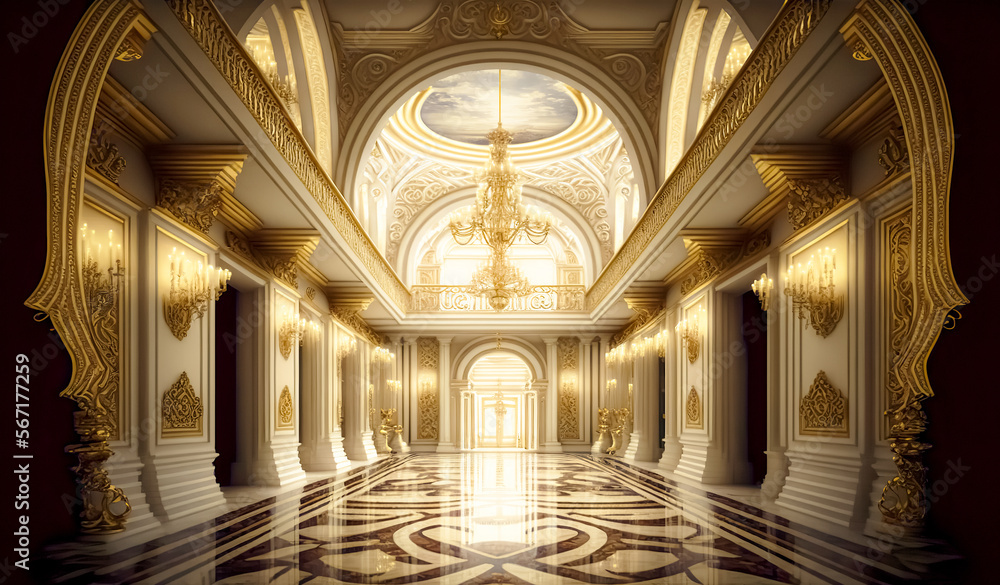 A realistic fantasy interior of the royal palace. golden palace. castle interior. Fiction Backdrop. concept art.	generative ai	