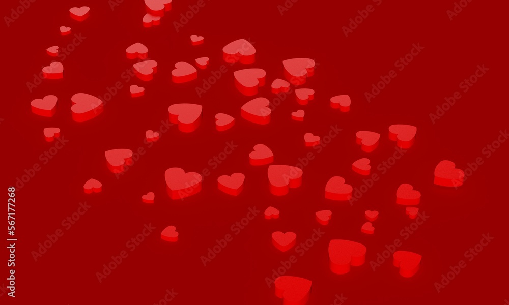 Red hearts of various sizes on pure red background. 3D illustration. 3D CG. 3D illustration.