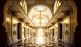 A realistic fantasy interior of the royal palace. golden palace. castle interior. Fiction Backdrop. concept art. generative ai 