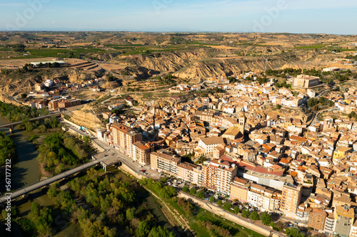 Aerial townscape of Fraga with view of Cinca River. Comarca of Bajo Cinca, province of Huesca, Aragon, Spain. photo
