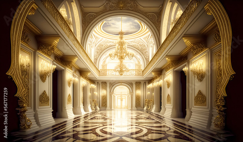 A realistic fantasy interior of the royal palace. golden palace. castle interior. Fiction Backdrop. concept art. generative ai 
