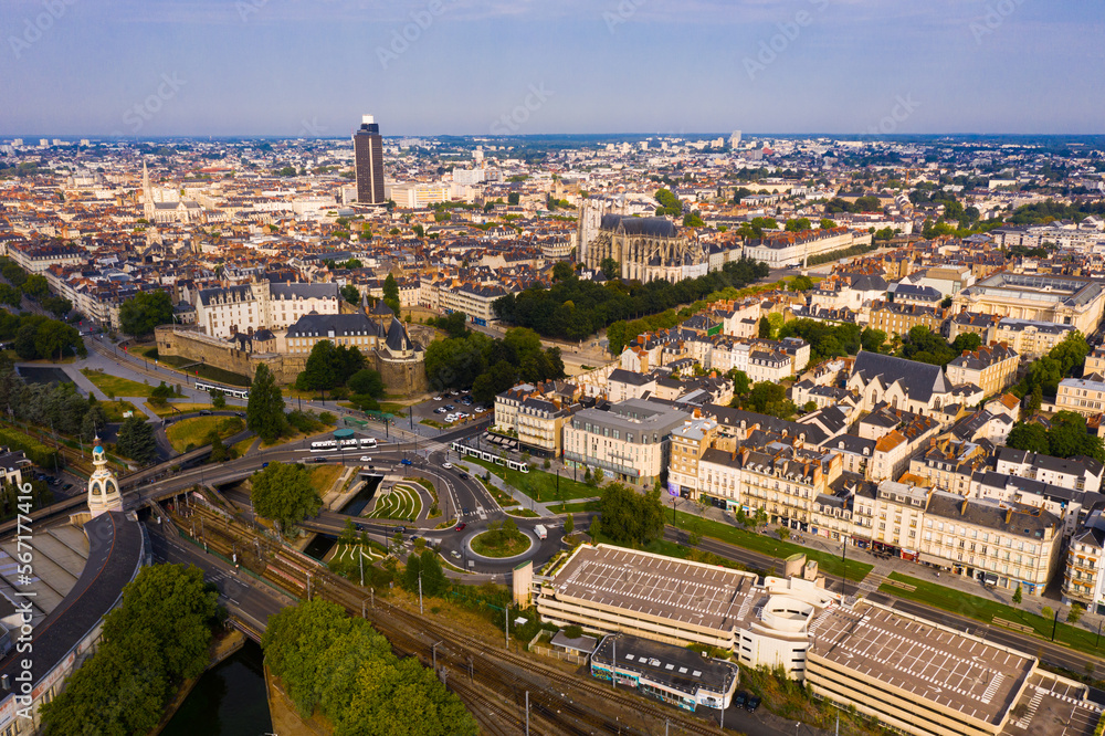 View from drone of old and modern houses of Nantes town at summer day, France