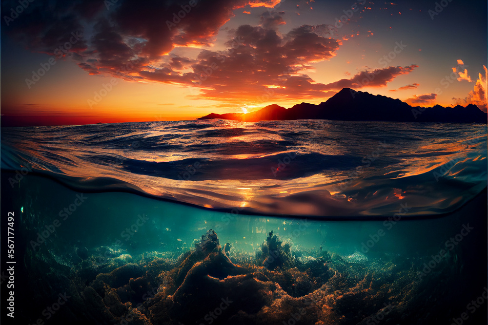 ocean at sunrise with sealife. Generative AI
