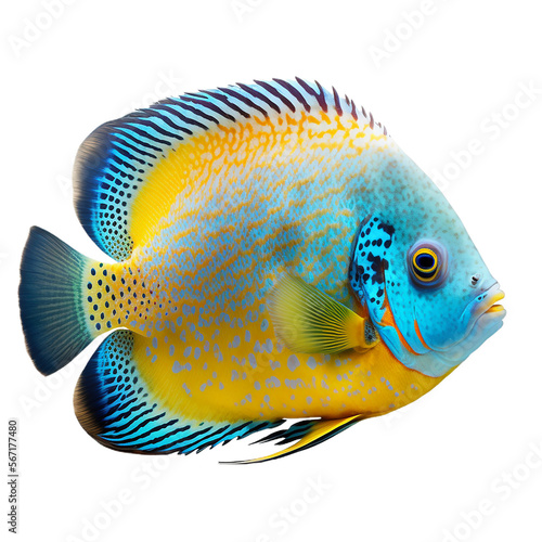 Fotografia Tropical blue and yellow fish flounder, illustration, isolated, transparent back