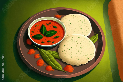 Idly sambar or Idli with Sambhar and green, red chutney. Popular South indian breakfast. Generative AI photo