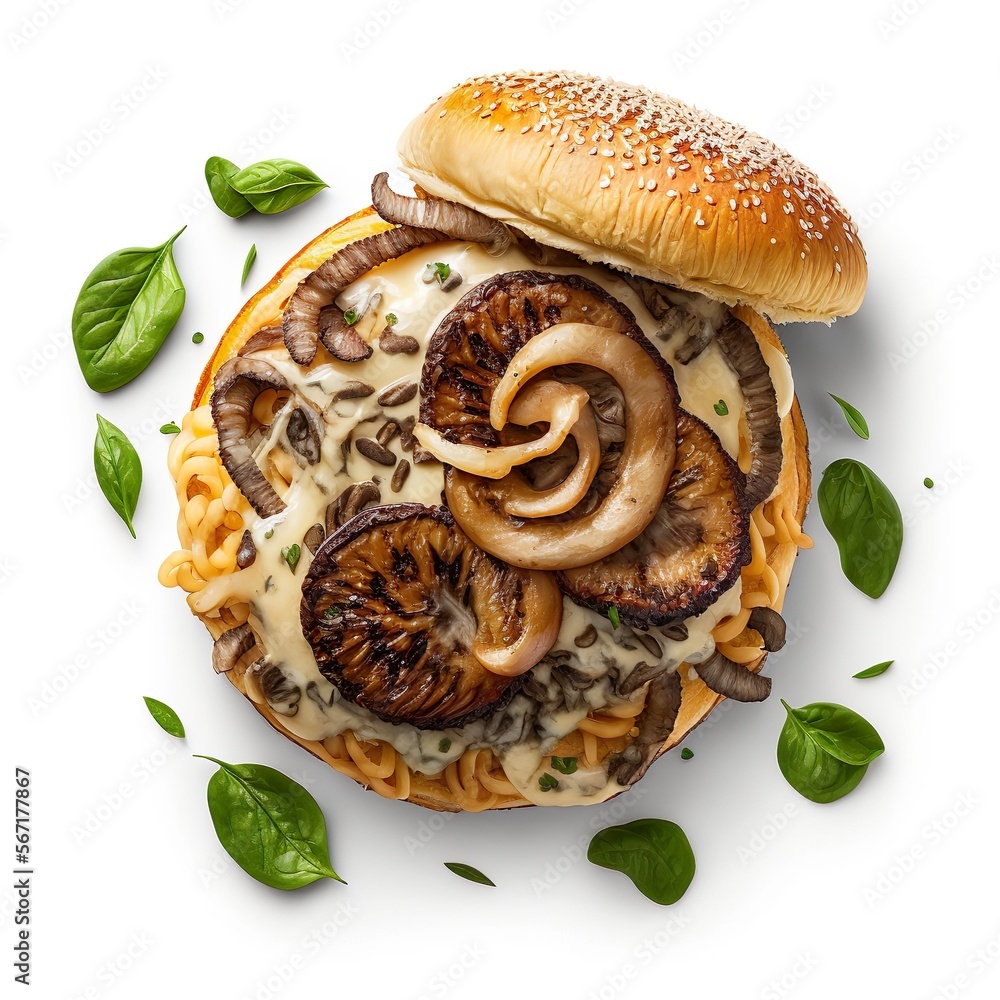 Mushroom Swiss burger A beef patty topped with sautéed mushrooms