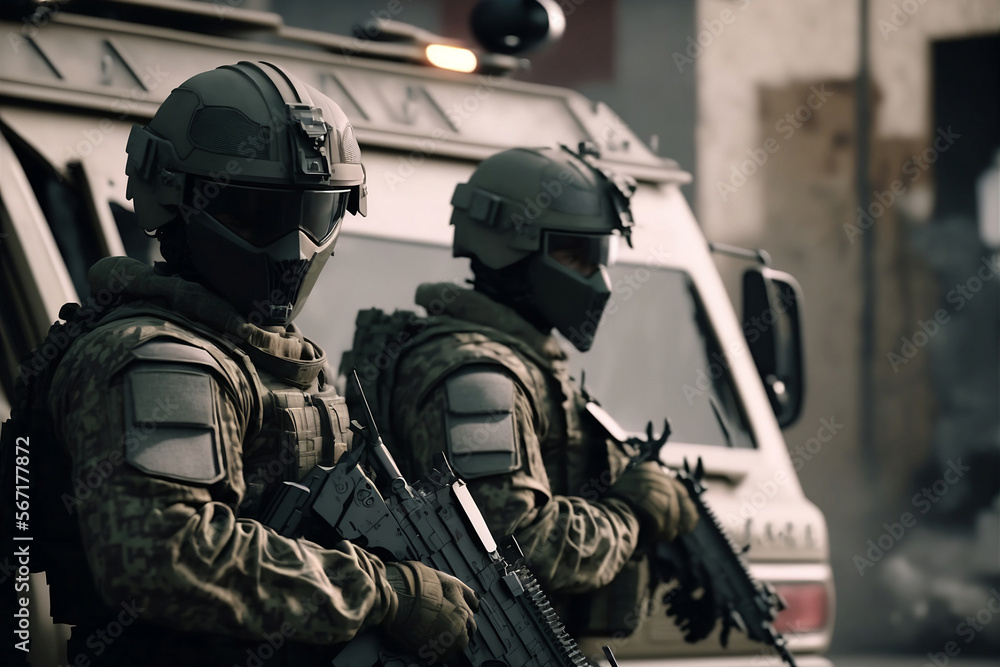 Soldiers with weapons looking into the lens Soldiers with weapons looking into the lens