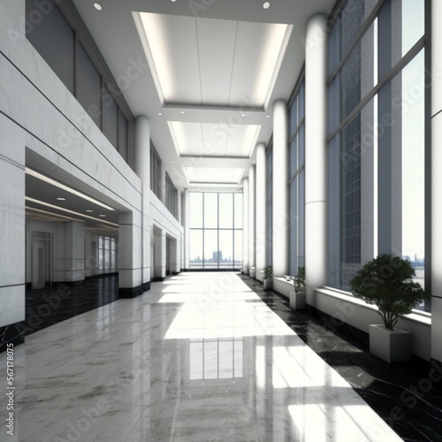 Architecture Design High Rise Building Interior Beautiful White and High Glass Windows Long Hall Way with Views
