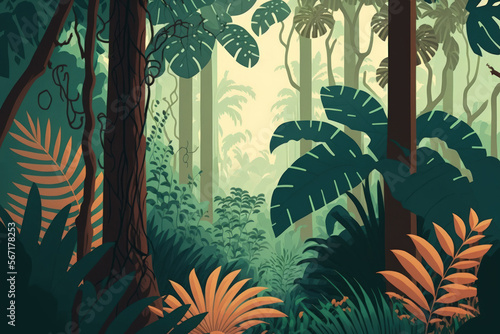 Illustration of tropical trees and leaves in a misty forest. Generative AI