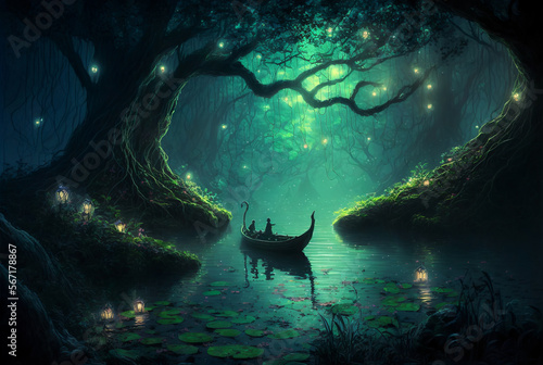 Fantasy flooded forest with row boat scene AI Generative 