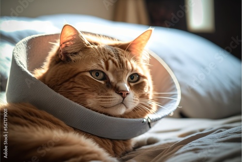 sad cat in veterinary collar after the operation created with Generative AI technology © koldunova