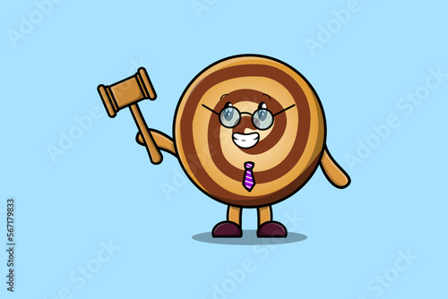 Cute cartoon mascot character wise judge Cookies wearing glasses and holding a hammer 