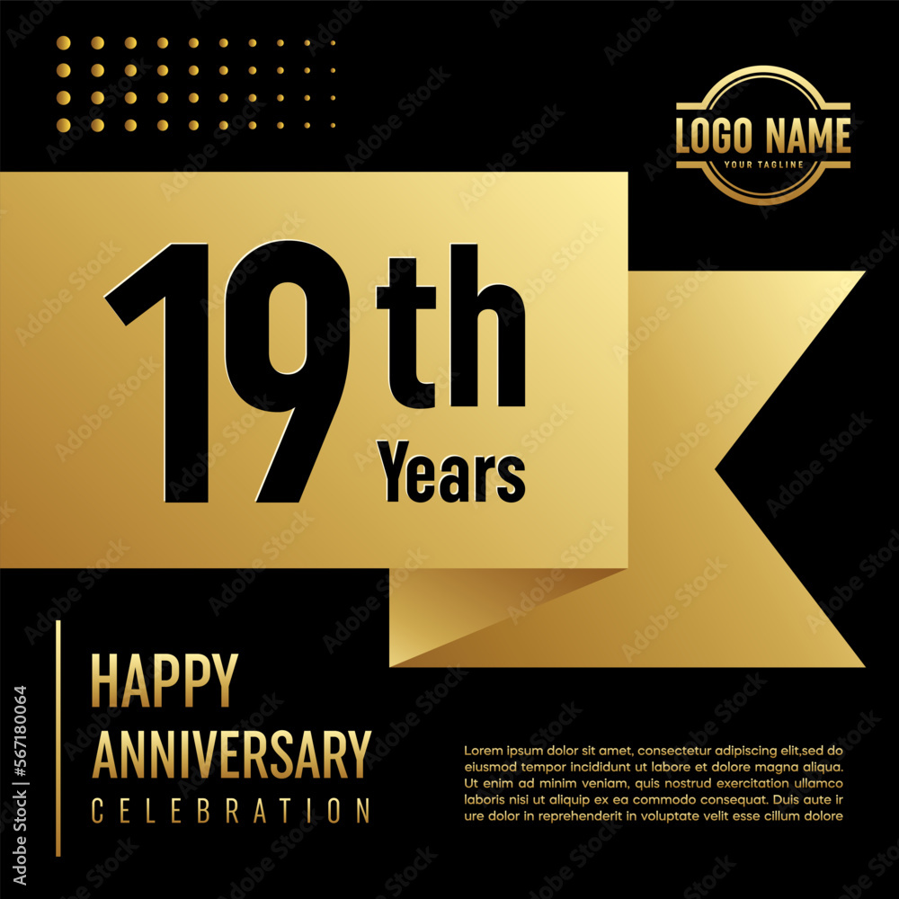 19th Anniversary template design concept with golden ribbon for anniversary celebration event, invitation card, greeting card, banner, poster, flyer, book cover. Vector Template 19th Anniversary template design concept with golden ribbon for anniversary celebration event, invitation card, greeting card, banner, poster, flyer, book cover. Vector Template