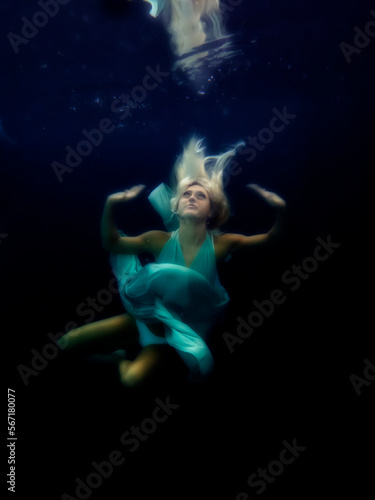 Model underwater with long dress and chiffon in pool