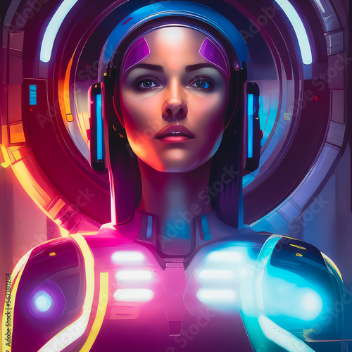Generative AI - Glowing Galaxy Guardian: A Futuristic Synthwave Illustration of a Female Space Traveller
